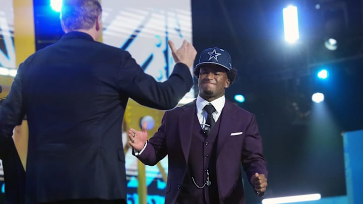 Apr 23, 2026; Pittsburgh, PA, USA; Ohio State Buckeyes defensive back Caleb Downs is selected by the Dallas Cowboys as the number eleven pick during the 2026 NFL Draft at Acrisure Stadium. Mandatory Credit: Kirby Lee-Imagn Images