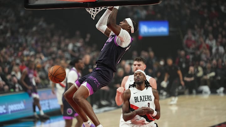 Feb 24, 2026; Portland, Oregon, USA; Minnesota Timberwolves forward Jaden McDaniels (3) dunks the ball during the first half against the Portland Trail Blazers at Moda Center. Feb 24, 2026; Portland, Oregon, USA; Minnesota Timberwolves forward Jaden McDaniels (3) dunks the ball during the first half against the Portland Trail Blazers at Moda Center.