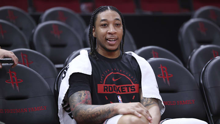 Dec 11, 2025; Houston, Texas, USA; Houston Rockets guard JD Davison (4) looks on during practice before the game against the Los Angeles Clippers at Toyota Center. Mandatory Credit: Troy Taormina-Imagn Images