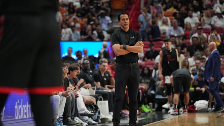 Apr 14, 2024; Miami, Florida, USA;  Miami Heat head coach Erik Spoelstra keeps an eye on his team - Jim Rassol/USA TODAY Sports