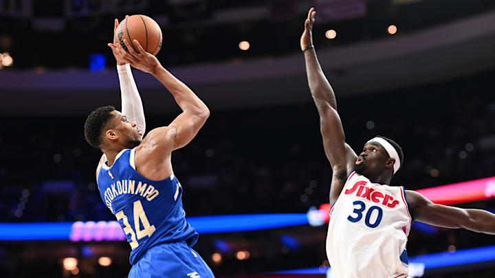 Apr 3, 2025; Philadelphia, Pennsylvania, USA; Milwaukee Bucks forward Giannis Antetokounmpo (34) shoots the ball against Philadelphia 76ers center Adem Bona (30) in the second quarter at Wells Fargo Center. Mandatory Credit: Kyle Ross-Imagn Images