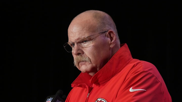 Feb 5, 2025; New Orleans, LA, USA; Kansas City Chiefs head coach Andy Reid speaks in a press conference ahead of Super Bowl LIX at New Orleans Marriott. Mandatory Credit: Kirby Lee-Imagn Images