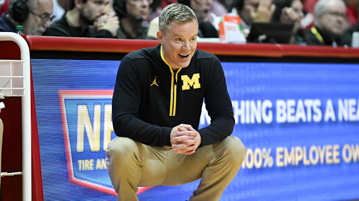 Michigan Wolverines head coach Dusty May reacts to a play during the first half against the Indiana Hoosiers at Simon Skjodt Assembly Hall. Michigan Wolverines head coach Dusty May reacts to a play during the first half against the Indiana Hoosiers at Simon Skjodt Assembly Hall.