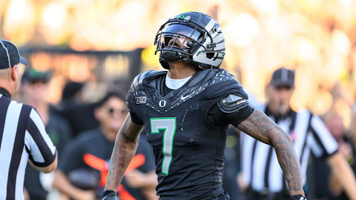 Oct 12, 2024; Eugene, Oregon, USA; Oregon Ducks wide receiver Evan Stewart (7) celebrates a catch during the second quarter against the Ohio State Buckeyes at Autzen Stadium. Mandatory Credit: Craig Strobeck-Imagn Images