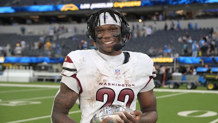 Washington Commanders running back Jacory Croskey-Merritt (22) is interviewed after the game against the Los Angeles Chargers at SoFi Stadium. Washington Commanders running back Jacory Croskey-Merritt (22) is interviewed after the game against the Los Angeles Chargers at SoFi Stadium.