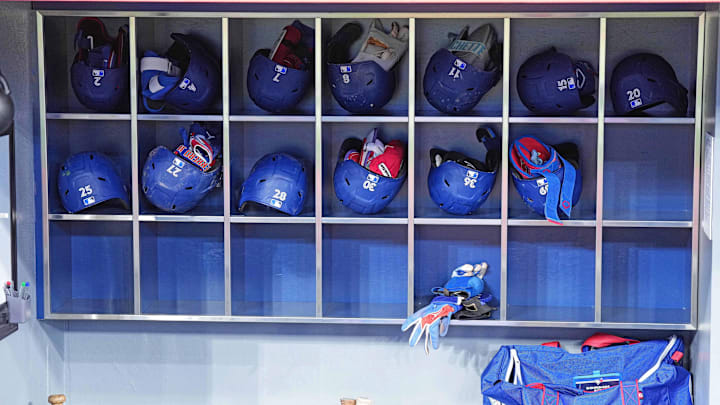 The Toronto Blue Jays Batting helmets and bats sit in the dugout during batting practice before a game against the Colorado Rockies at Rogers Centre on April 12.