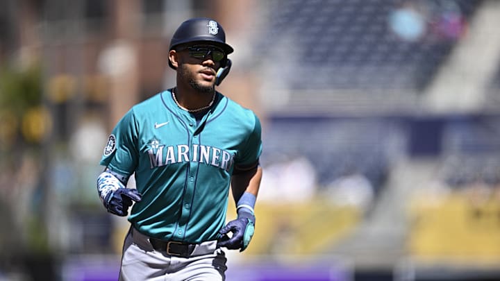 Seattle Mariners center fielder Julio Rodriguez (44) rounds the bases after hitting a two-run home run against the San Diego Padres during the first inning at Petco Park on March 26.