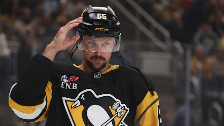 Oct 27, 2025; Pittsburgh, Pennsylvania, USA;  Pittsburgh Penguins defenseman Erik Karlsson (65) looks on before the game against the St. Louis Blues at PPG Paints Arena. Mandatory Credit: Charles LeClaire-Imagn Images