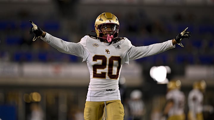 Nov 16, 2024; Dallas, Texas, USA; Boston College Eagles defensive back KP Price (20) in action during the game between the SMU Mustangs and the Boston College Eagles at Gerald J. Ford Stadium. Mandatory Credit: Jerome Miron-Imagn Images