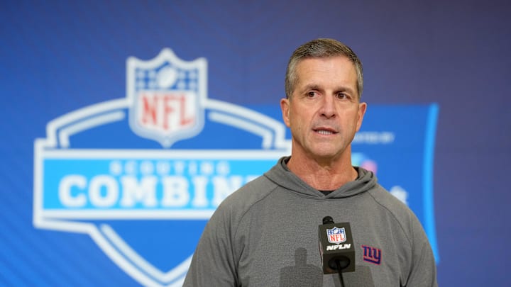 Feb 24, 2026; Indianapolis, IN, USA; New York Giants coach John Harbaugh speaks at the NFL Scouting Combine at the Indiana Convention Center.