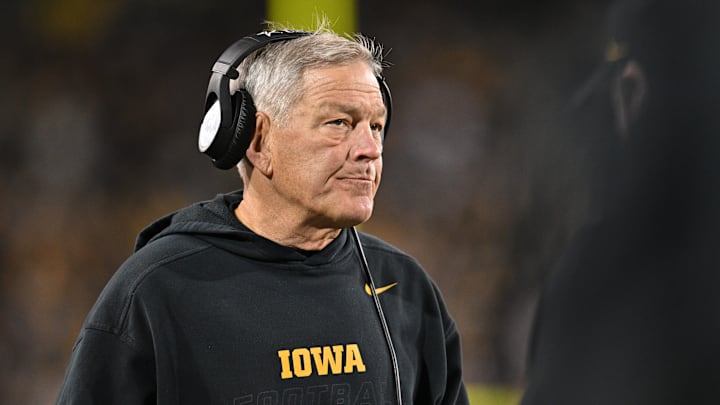 Nov 18, 2023; Iowa City, Iowa, USA; Iowa Hawkeyes head coach Kirk Ferentz looks on 