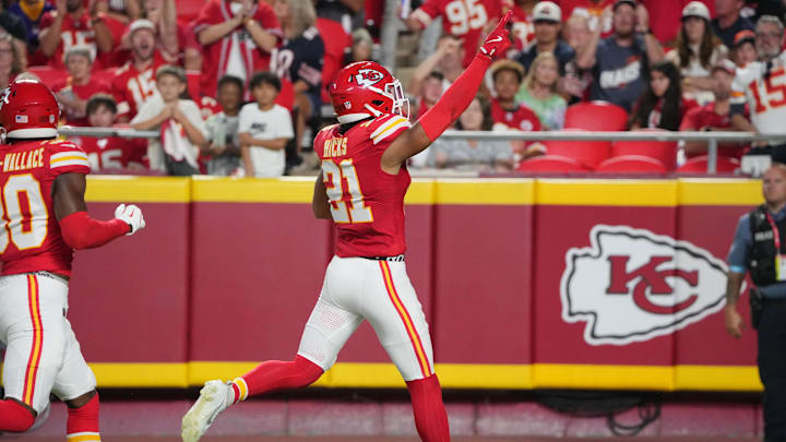Aug 22, 2024; Kansas City, Missouri, USA; Kansas City Chiefs safety Jaden Hicks (21) celebrates against the Chicago Bears after recovering a fumble during the first half at GEHA Field at Arrowhead Stadium. Mandatory Credit: Denny Medley-Imagn Images Aug 22, 2024; Kansas City, Missouri, USA; Kansas City Chiefs safety Jaden Hicks (21) celebrates against the Chicago Bears after recovering a fumble during the first half at GEHA Field at Arrowhead Stadium. Mandatory Credit: Denny Medley-Imagn Images