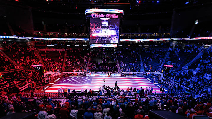 Mar 12, 2026; Kansas City, MO, USA; General view of the arena showing the new digital floor during the national anthem prior to the game between the BYU Cougars and the Houston Cougars at T-Mobile Center. Mandatory Credit: William Purnell-Imagn Images