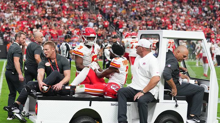 Oct 4, 2026; Paradise, Nevada, USA;  Kansas City Chiefs wide receiver Tyquan Thornton (2) shakes hands with running back Kenneth Walker III (9) as he is carted off the field with an apparent injury against the Las Vegas Raiders during the fourth quarter at Allegiant Stadium.  Mandatory Credit: Joe Camporeale-Imagn Images