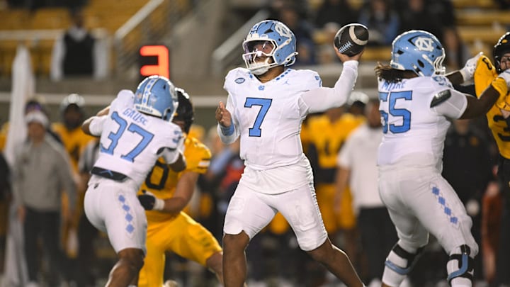 Oct 17, 2025; Berkeley, California, USA; North Carolina Tar Heels quarterback Gio Lopez (7) throws against the California Golden Bears in the third quarter at California Memorial Stadium. Oct 17, 2025; Berkeley, California, USA; North Carolina Tar Heels quarterback Gio Lopez (7) throws against the California Golden Bears in the third quarter at California Memorial Stadium.
