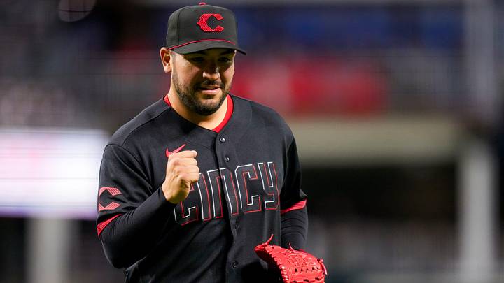 Cincinnati Reds catcher Jose Trevino (35) pumps his fist after pitching out of the top of the ninth inning of the MLB Interleague game between the Cincinnati Reds and the Houston Astros at Great American Ball Park in downtown Cincinnati on Friday, May 8, 2026. The Reds lost the series opener, 10-0.