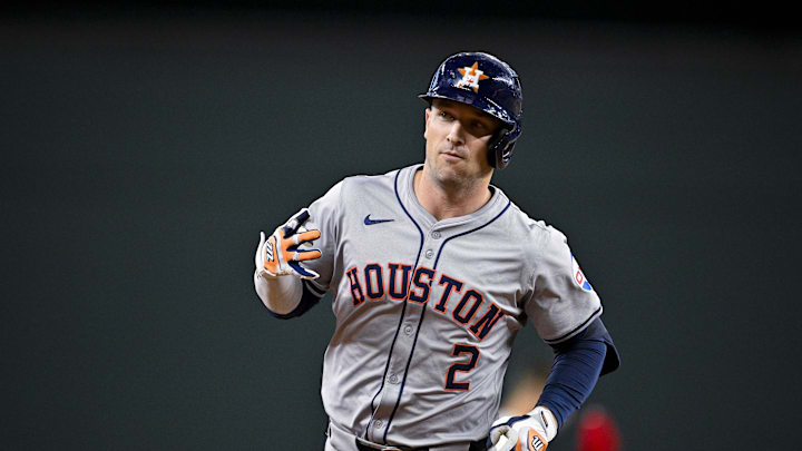 Aug 5, 2024; Arlington, Texas, USA; Houston Astros third baseman Alex Bregman (2) rounds the bases after he hits a solo home run against the Texas Rangers during the third inning at Globe Life Field. Mandatory Credit: Jerome Miron-Imagn Images