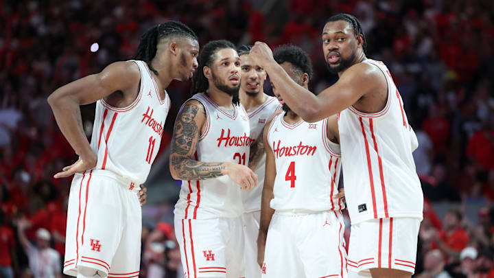 Houston basketball players huddle up during a recent game.