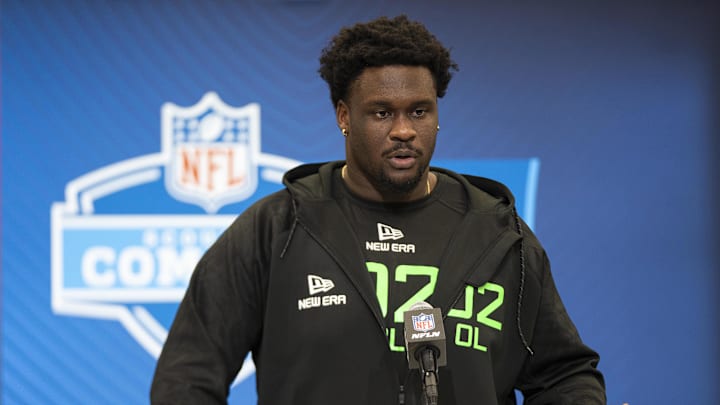 Mar 1, 2025; Indianapolis, IN, USA; North Carolina State University offensive lineman Anthony Belton (OL02) answers questions at a press conference during the 2025 NFL Combine at Indiana Convention Center. Mandatory Credit: Jacob Musselman-Imagn Images