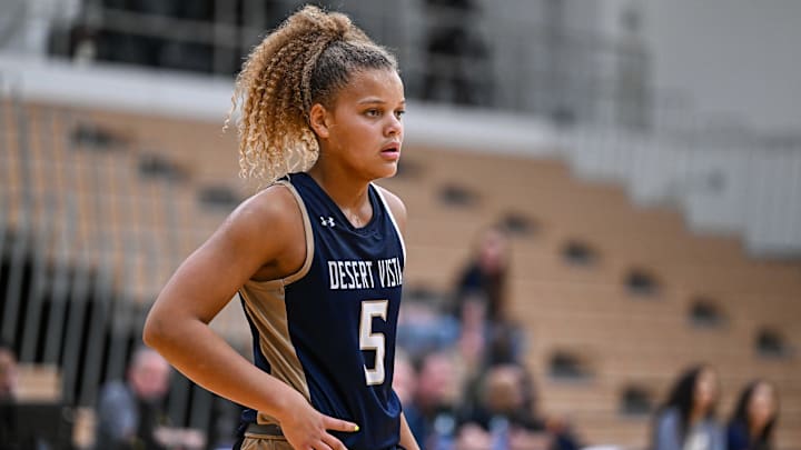 Apr 6, 2023; Washington, DC, USA; Desert Vista (AZ) forward Jerzy Robinson (5) look on during the second quarter against Morris Catholic (NJ) at Georgetown University. Mandatory Credit: Reggie Hildred-Imagn Images