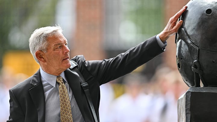 Sep 14, 2024; Iowa City, Iowa, USA; Iowa Hawkeyes head coach Kirk Ferentz enters Kinnick Stadium before a game against the Troy Trojans. Mandatory Credit: Jeffrey Becker-Imagn Images Sep 14, 2024; Iowa City, Iowa, USA; Iowa Hawkeyes head coach Kirk Ferentz enters Kinnick Stadium before a game against the Troy Trojans. Mandatory Credit: Jeffrey Becker-Imagn Images