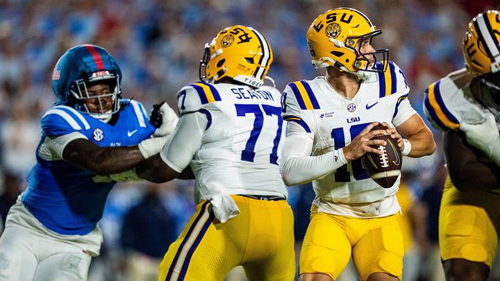 LSU quarterback Sam Leavitt (10) looks to pass the ball during a college football game between Ole Miss and LSU at Vaught Hemingway Stadium in Oxford, Miss., on Saturday, Sept. 19, 2026. Ole Miss defeated LSU 32-24.