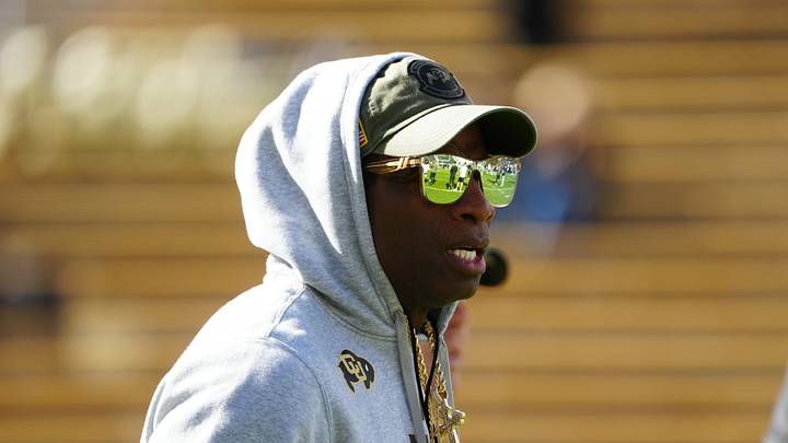 Nov 11, 2023; Boulder, Colorado, USA; Colorado Buffaloes head coach Deion Sanders before the game against the Arizona Wildcats at Folsom Field. Mandatory Credit: Ron Chenoy-Imagn Images Nov 11, 2023; Boulder, Colorado, USA; Colorado Buffaloes head coach Deion Sanders before the game against the Arizona Wildcats at Folsom Field. Mandatory Credit: Ron Chenoy-Imagn Images