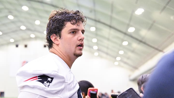 Jun 10, 2025; Foxborough, MA, USA; New England Patriots offensive tackle Will Campbell (66) speaks to the media after minicamp held in the WIN Field House at Gillette Stadium. Mandatory Credit: Eric Canha-Imagn Images