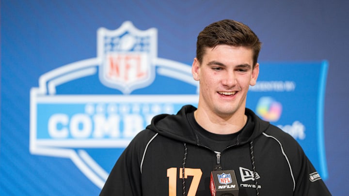 Alabama quarterback Ty Simpson speaks to members of the media during the NFL Combine at the Indiana Convention Center.