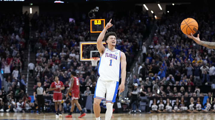 Mar 29, 2025; San Francisco, CA, USA; Florida Gators guard Walter Clayton Jr. (1) celebrates defeating the Texas Tech Red Raiders during the West Regional final of the 2025 NCAA tournament at Chase Center. Mandatory Credit: Kyle Terada-Imagn Images