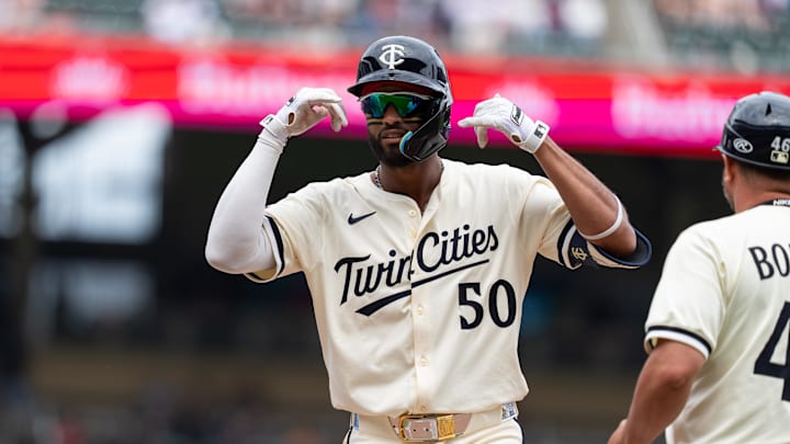 Jun 8, 2025; Minneapolis, Minnesota, USA; Minnesota Twins left fielder Willi Castro (50) reacts to hitting a single during the fifth inning against the Toronto Blue Jays at Target Field. Mandatory Credit: Jordan Johnson-Imagn Images