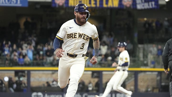 Apr 1, 2026; Milwaukee, Wisconsin, USA; Milwaukee Brewers shortstop Joey Ortiz (3) runs to third base against the Tampa Bay Rays in the eighth inning at American Family Field. Mandatory Credit: Michael McLoone-Imagn Images
