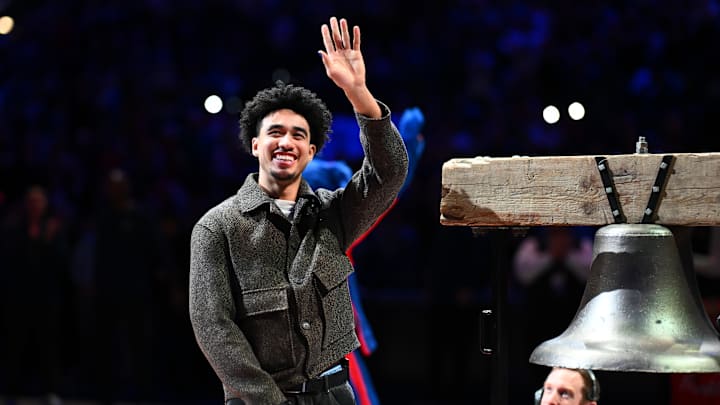 Jan 31, 2025; Philadelphia, Pennsylvania, USA; Philadelphia 76ers guard Jared McCain (20) reacts before the game against the Denver Nuggets at Wells Fargo Center. Mandatory Credit: Kyle Ross-Imagn Images