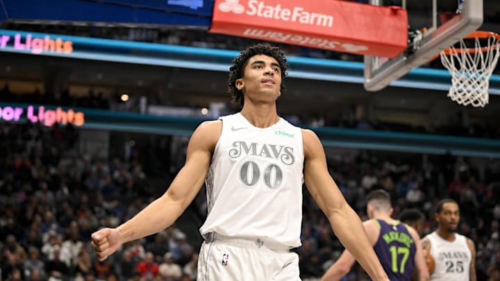 Feb 21, 2025; Dallas, Texas, USA; Dallas Mavericks guard Max Christie (00) reacts to a call during the second quarter against the New Orleans Pelicans at the American Airlines Center. Mandatory Credit: Jerome Miron-Imagn Images