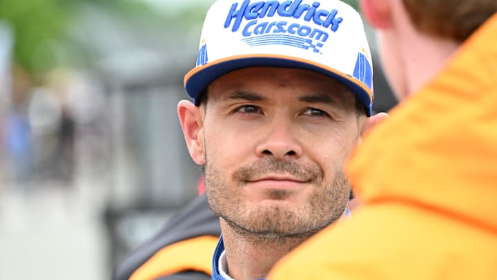 Arrow McLaren driver Kyle Larson (17) is seen talking in the garage area after a crash on Sunday, May 25, 2025, during the 109th running of the Indianapolis 500 at Indianapolis Motor Speedway. Arrow McLaren driver Kyle Larson (17) is seen talking in the garage area after a crash on Sunday, May 25, 2025, during the 109th running of the Indianapolis 500 at Indianapolis Motor Speedway.