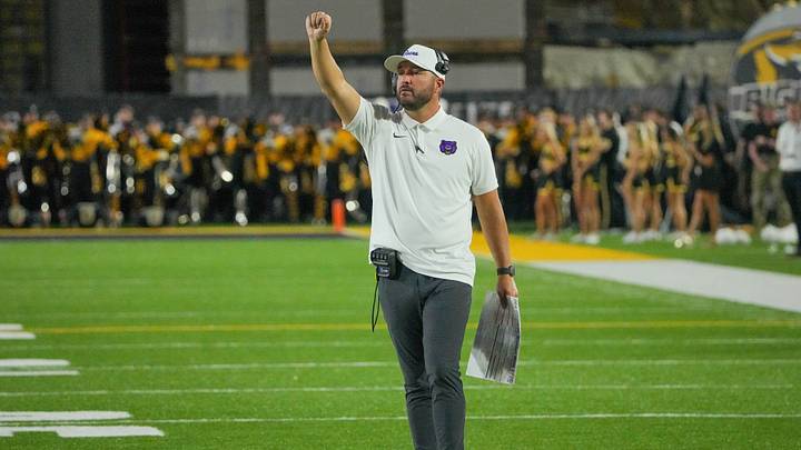 Aug 28, 2025; Columbia, Missouri, USA; Central Arkansas Bears head coach Nathan Brown gestures to players against the Missouri Tigers during the game at Faurot Field at Memorial Stadium. Mandatory Credit: Denny Medley-Imagn Images