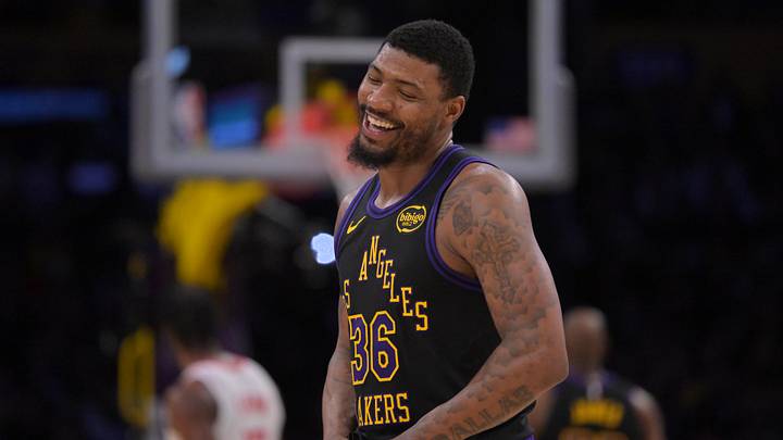 Apr 21, 2026; Los Angeles, California, USA; Los Angeles Lakers guard Marcus Smart (36) smiles on the court during the second half of game two of the first round of the 2026 NBA Playoffs against the Houston Rockets at Crypto.com Arena. Mandatory Credit: Jayne Kamin-Oncea-Imagn Images