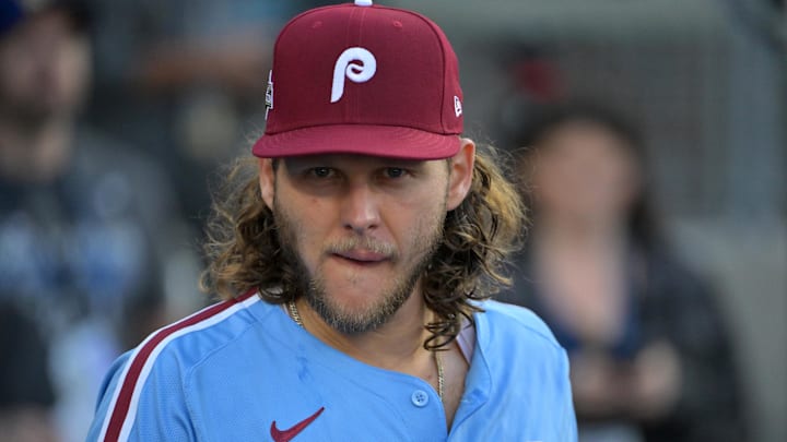 Oct 8, 2025; Los Angeles, California, USA; Philadelphia Phillies third baseman Alec Bohm (28) in the dugout during game three of the NLDS of the 2025 MLB playoffs against the Los Angeles Dodgers at Dodger Stadium.