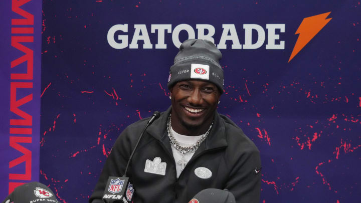 Feb 5, 2024; Las Vegas, NV, USA; San Francisco 49ers wide receiver Deebo Samuel (19) during Super Bowl LVIII Opening Night at Allegiant Stadium. Mandatory Credit: Kirby Lee-USA TODAY Sports Feb 5, 2024; Las Vegas, NV, USA; San Francisco 49ers wide receiver Deebo Samuel (19) during Super Bowl LVIII Opening Night at Allegiant Stadium. Mandatory Credit: Kirby Lee-USA TODAY Sports