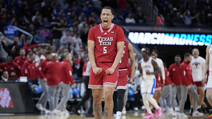 Mar 29, 2025; San Francisco, CA, USA; Texas Tech Red Raiders forward Darrion Williams (5) reacts during the second half against the Florida Gators during the West Regional final of the 2025 NCAA tournament at Chase Center. Mandatory Credit: Kyle Terada-Imagn Images