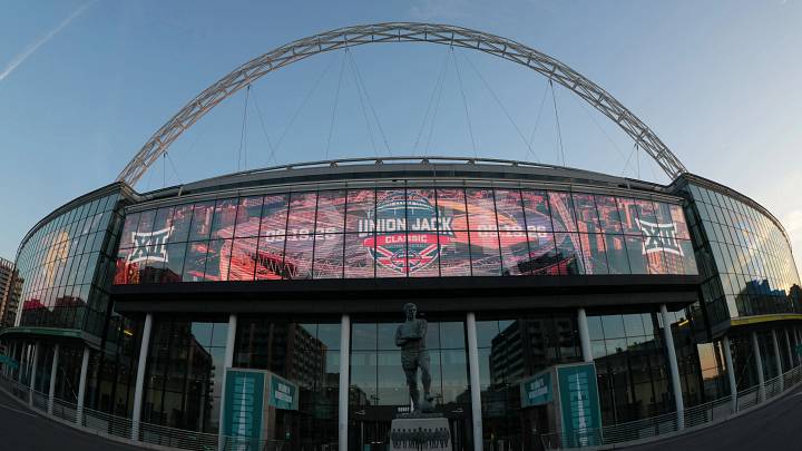 London, United Kingdom: A general overall view of Wembley Stadium, the site of the 2026 Union Jack Classic college football game between the Arizona State Sun Devils and Kansas Jayhawks. London, United Kingdom: A general overall view of Wembley Stadium, the site of the 2026 Union Jack Classic college football game between the Arizona State Sun Devils and Kansas Jayhawks.
