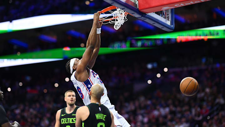 Feb 2, 2025; Philadelphia, Pennsylvania, USA; Philadelphia 76ers forward Guerschon Yabusele (28) dunks against the Boston Celtics in the third quarter at Wells Fargo Center. Mandatory Credit: Kyle Ross-Imagn Images