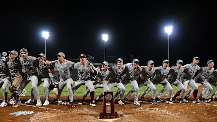 Jun 9, 2024; College Station, TX, USA; Texas A&M celebrates after sweeping Oregon in the Bryan-College Station Super Regional series at Olsen Field, Blue Bell Park Mandatory Credit: Maria Lysaker-Imagn Images