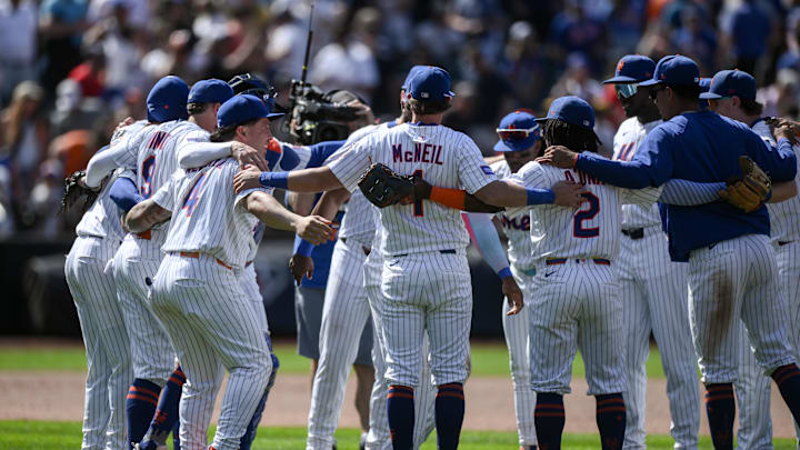 Jul 23, 2025; New York City, New York, USA; New York Mets players celebrate after winning against the Los Angeles Angels at Citi Field. Mandatory Credit: John Jones-Imagn Images