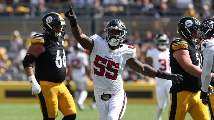 Sep 13, 2026; Pittsburgh, Pennsylvania, USA;  Atlanta Falcons defensive end Za'Darius Smith (55) reacts after a sack during the second quarter against the Pittsburgh Steelers at Acrisure Stadium.  Mandatory Credit: Charles LeClaire-Imagn Images