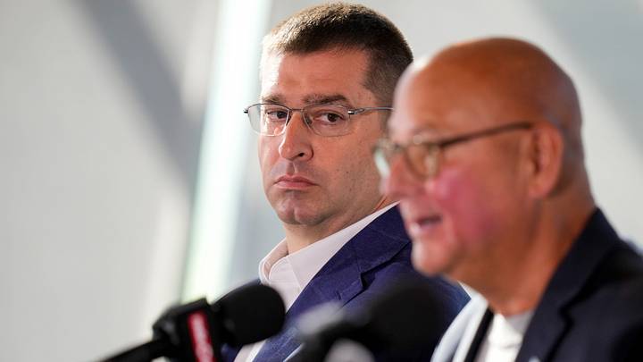 President of Baseball Operations Nick Krall listens as new manager Terry Francona answers questions from the media during an event to introduce the new manager of the Cincinnati Reds at Great American Ball Park in downtown Cincinnati on Monday, Oct. 7, 2024. President of Baseball Operations Nick Krall listens as new manager Terry Francona answers questions from the media during an event to introduce the new manager of the Cincinnati Reds at Great American Ball Park in downtown Cincinnati on Monday, Oct. 7, 2024.