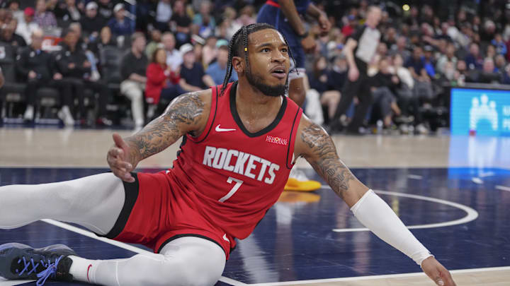 Apr 9, 2025; Inglewood, California, USA; Houston Rockets guard Cam Whitmore (7) reacts after missing a shot against the Los Angeles Clippers in the second half at Intuit Dome. Mandatory Credit: Kirby Lee-Imagn Images