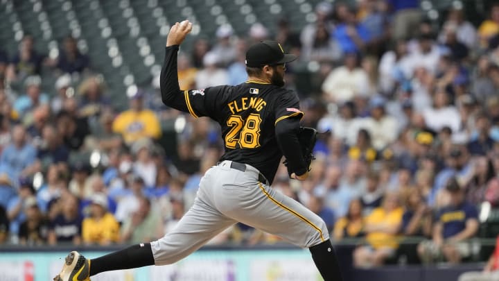 Pittsburgh Pirates pitcher Josh Fleming (28) throws a pitch during the first inning against the Milwaukee Brewers at American Family Field on July 9. Pittsburgh Pirates pitcher Josh Fleming (28) throws a pitch during the first inning against the Milwaukee Brewers at American Family Field on July 9.