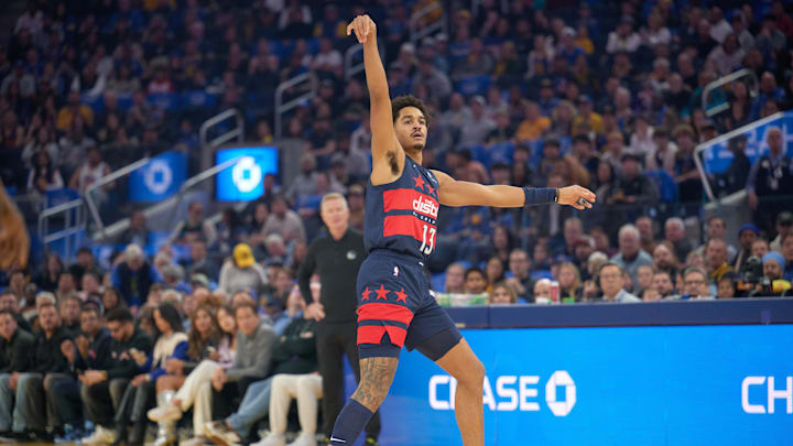 Jan 18, 2025; San Francisco, California, USA; Washington Wizards guard Jordan Poole (13) watches his shot against the Golden State Warriors during the first quarter at Chase Center. Mandatory Credit: Robert Edwards-Imagn Images