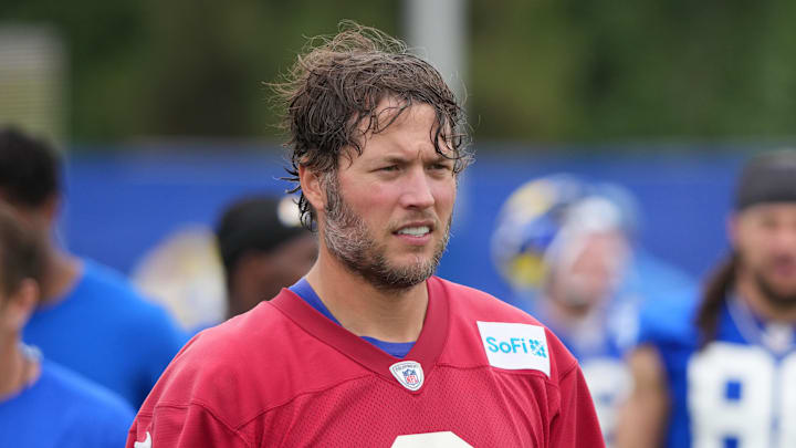 May 28, 2025; Woodland Hills, CA, USA; Los Angeles Rams quarterback Matt Stafford (9) walks to the locker room after organized team activities at Rams Practice Facility. Mandatory Credit: Kirby Lee-Imagn Images